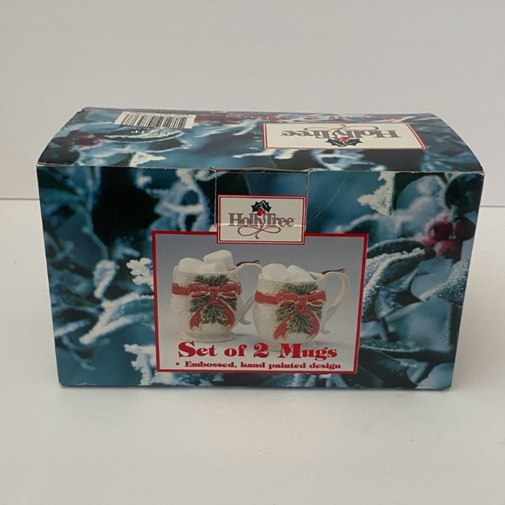 Christmas Bow Mugs By Holly Tree Embossed Hand Painted Design Set Of 2 NIB